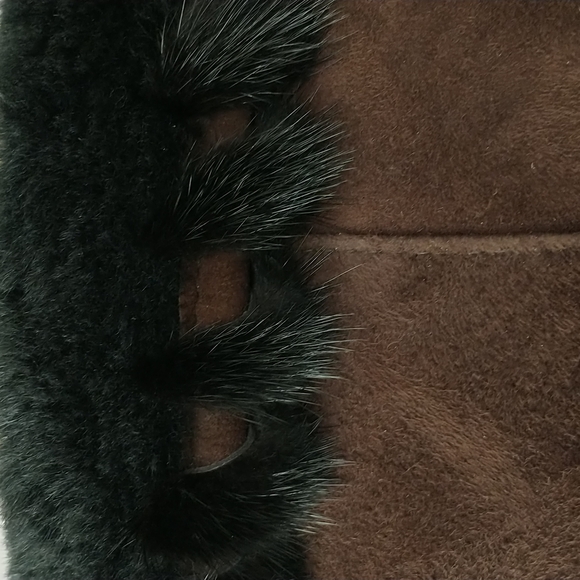 Authentic Shearling USA made Coat Long Jacket Dark Brown Suede Leather Fur Trim - Picture 5 of 16